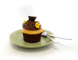 Chocolate cup cake in green dish on white background