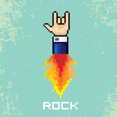 vector flat pixel rock n roll icon with fire