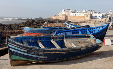 Fototapeta na wymiar Blue boats in Essaouira port, Morocco 