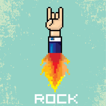 vector flat pixel rock n roll icon with fire