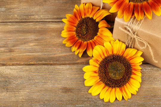 Sunflowers with present boxes on wooden background