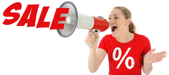 Frau schreit SALE in Megaphon