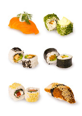 Different sushi on white background