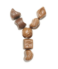 Alphabet letter Y arranged from chocolate sweets isolated