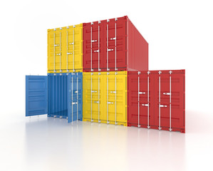 Colour stacked shipping containers on white background