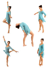 Young beautiful dancer in a blue dress isolated on white
