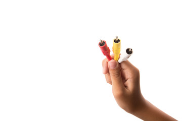 Female teenage hand holding audio and video cinch connector