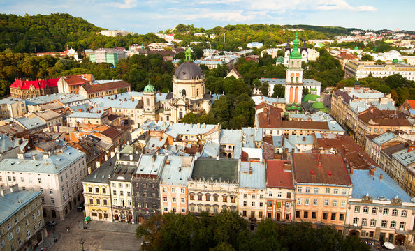Top view (the Cathedral) from of the city hall in Lviv, Ukraine.