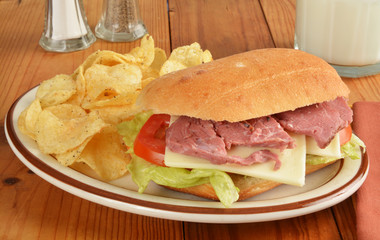 Roast beef sandwich with potato chips