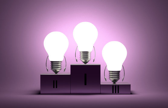 Glowing tungsten light bulb characters on podium