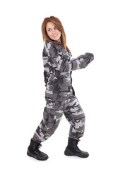 Pretty young girl wearing military uniform