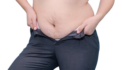 Naklejka premium Fat woman trying to wear thouser