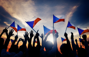 Silhouettes of People Holding Flag of Czech Republic - obrazy, fototapety, plakaty