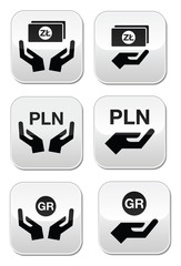 Hands with Polish złoty banknote, grosz coin buttons