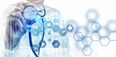 Double exposure of smart medical doctor working with operating r