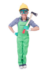 Funny man with axe isolated on white