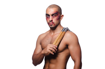 Man with nunchucks isolated on white