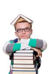 Funny student with stack of books