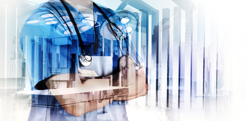 Fototapeta na wymiar Double exposure of smart medical doctor working with abstract ci