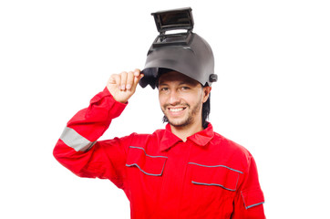 Welder in red overalls isolated on white