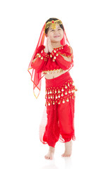 Little girl in traditional indian costume, saree and dancing