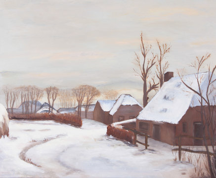 Painting, old farms in a village