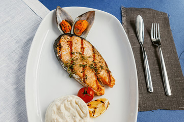 Grilled fish, salmon steak