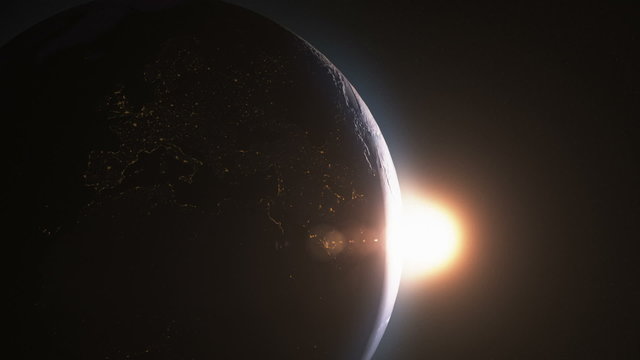 Cinematic and very realistic sunrise seen from space