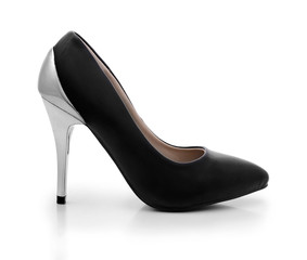 Sexy black shoes on silver high heels - obrazy, fototapety, plakaty