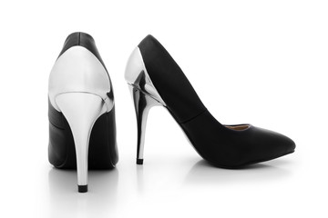 Sexy black shoes with silver high heels on white - obrazy, fototapety, plakaty
