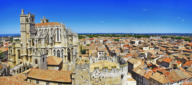 Narbonne , panoramic view with cathedral. south France