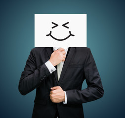 Businessman standing white paper happy smile face holding front