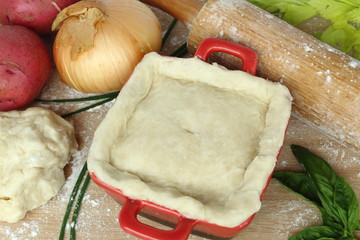 Chicken pot pie before baking with ingredients