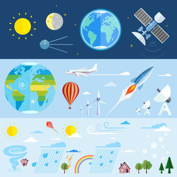 Flat vector icons of space and meteorological elements.