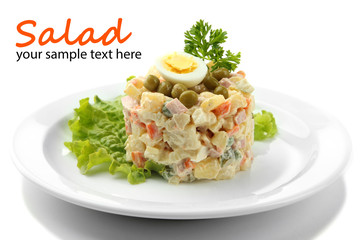 Russian traditional salad Olivier, isolated on white
