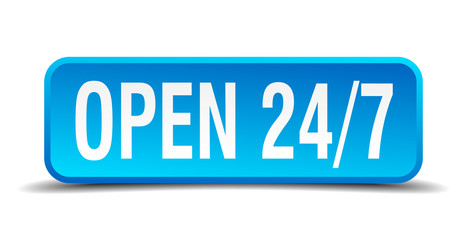 Open 24 7 blue 3d realistic square isolated button