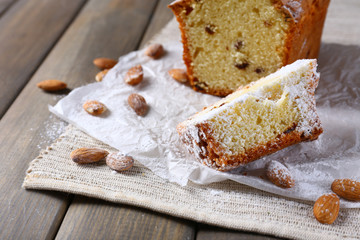 Tasty cake on table close-up
