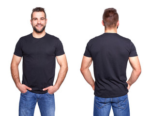 Black t shirt on a young man template - obrazy, fototapety, plakaty