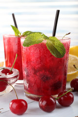 Fresh cold cherry cocktail with mint and lemon
