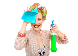 Funny housewife with rag / wipe and cleaning spray