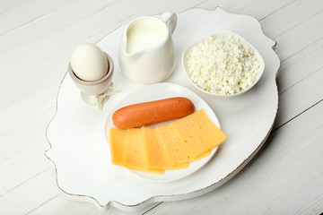 Delicious breakfast with milk, egg and cottage cheese