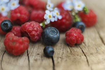 Raspberries and blueberries with flowers on wooden stump