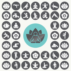 Yoga meditation exercise stretching people icons set. Illustrati