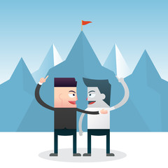 Businessman teamwork pointing at flag goal