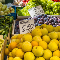 Plums on the market stand in Poland.
