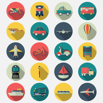 Transportation icons with long shadow effect in stylish