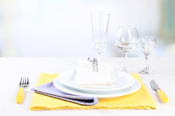 Dining table setting with lavender flowers