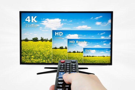 4K television display with comparison of resolutions. Remote con