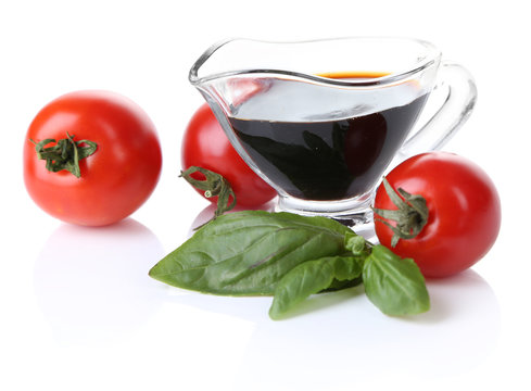 Balsamic Vinegar,  Tomato And Basil Isolated On White