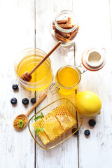 Fresh honey on wooden table